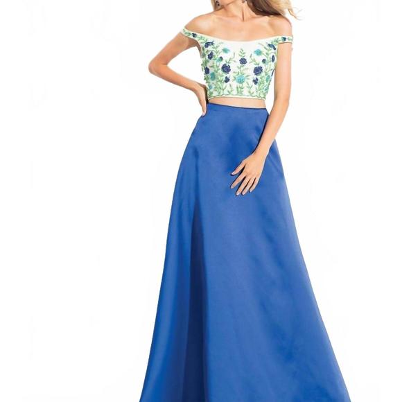 NEW RACHEL ALLAN floral embroidered two-piece mikado gown in white/royal - Picture 1 of 2